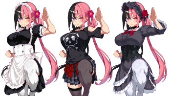 Rule 34 | 1girl, absurdres, apron, black corset, black dress, black hair, black shirt, black thighhighs, breasts, choker, commentary request, corset, dress, fang, fighting stance, flower, frilled dress, frilled hairband, frills, gothic lolita, hair flower, hair ornament, hairband, heterochromia, highres, large breasts, lolita fashion, long hair, looking at viewer, low twintails, maid, maid apron, maid headdress, multicolored hair, murata taichi, muscular, muscular female, orange eyes, original, pantyhose, pink hair, plaid clothes, plaid skirt, purple eyes, red flower, red rose, rose, shirt, skin fang, skirt, skull print, smile, spiked choker, spikes, split-color hair, standing, standing on one leg, t-shirt, thighhighs, twintails, two-tone hair, very long hair, white background, white pantyhose, white thighhighs