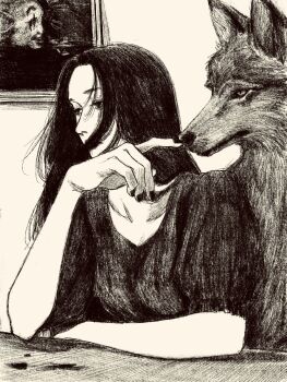 1girl animal black_hair greyscale highres long_hair looking_to_the_side monochrome original picture_frame short_sleeves solo tp_p_pt white_background wolf