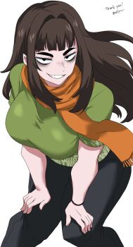 1girl breasts character_request highres large_breasts looking_at_viewer nasu_(ilo_a5) pants scarf simple_background smile teeth white_background