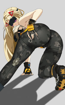 1girl absurdres ass bent_over black_gloves black_shoes blindfold_mask blonde_hair bulletproof_vest camouflage camouflage_pants commentary_request eye_mask fingerless_gloves from_behind gloves grey_background highres long_hair mask pants parted_lips shoes solo sylux trigger_(zenless_zone_zero) zenless_zone_zero