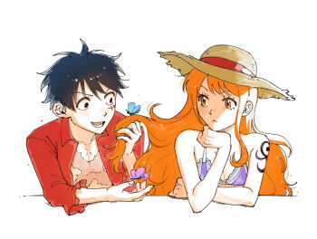 1boy 1girl bare_shoulders black_hair blue_butterfly bra breasts bug butterfly butterfly_on_hair closed_mouth collarbone cross_scar elbow_rest facial_scar hat hau13_yeol holding_another's_hair insect long_hair looking_at_another medium_breasts monkey_d._luffy nami_(one_piece) one_piece open_clothes open_mouth open_shirt orange_hair purple_bra purple_butterfly red_shirt scar scar_on_cheek scar_on_chest scar_on_face shirt shoulder_tattoo single_sidelock straw_hat tattoo underwear upper_body wavy_hair white_background
