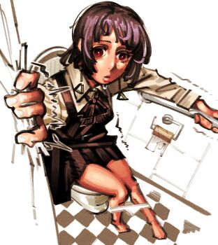 1girl barefoot black_dress chainsaw_man collared_shirt dress earrings fami_(chainsaw_man) fourth_east_high_school_uniform gar_rooster grey_hair highres jewelry long_sleeves mole mole_under_eye multiple_moles neck_ribbon no_toilet_paper on_toilet panties panty_pull pinafore_dress public_restroom red_eyes ribbon ringed_eyes school_uniform shirt sleeveless sleeveless_dress solo toilet toilet_use underwear white_panties white_shirt