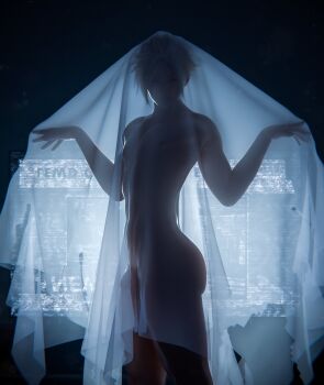 1boy 3d absurdres ava_trist bed_sheet blonde_hair cloud_strife commentary english_commentary final_fantasy final_fantasy_vii final_fantasy_vii_remake flaccid ghost_costume highres male_focus naked_sheet nipples parted_lips penis sheet_ghost short_hair solo spiked_hair teeth testicles uncensored upper_teeth_only