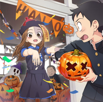 Rule 34 | 1girl, 2boys, :d, artistic error, brown eyes, brown hair, classroom, confetti, facepaint, gakuran, ghost costume, halloween, halloween costume, hat, holding, holding pumpkin, jack-o'-lantern, jiangshi costume, karakai jouzu no takagi-san, long hair, multiple boys, nishikata, nyoro (nyoronyoro000), open mouth, outstretched arms, pantyhose, pumpkin, school uniform, smile, takagi-san, witch hat