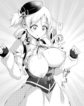 1girl beret blush bouncing_breasts breasts breasts_out cleavage commentary corset cowboy_shot drill_hair fingerless_gloves flower_hairpin gloves greyscale hair_ornament hat highres large_breasts long_hair long_sleeves magical_girl mahou_shoujo_madoka_magica monochrome motion_lines multiple_girls nipples no_bra open_clothes open_mouth puffy_nipples puffy_sleeves ribbon short_hair skirt solo soul_gem speed_lines sweatdrop tomoe_mami tomoe_mami_(magical_girl) torn_clothes twin_drills twintails zwei_(santanawamuujojo)