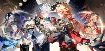 Rule 34 | 2boys, age comparison, antenna hair, arm tattoo, armlet, armor, astral express (honkai: star rail), back tattoo, black choker, black coat, black shirt, blonde hair, blue cape, blue eyes, braid, cape, chest tattoo, chinese commentary, choker, clawed gauntlets, coat, commentary request, cracked skin, cup, earrings, facial tattoo, flame reaver of the deepest dark, floating cape, from side, gold earrings, gold necklace, gradient hair, highres, holding, holding cup, honkai: star rail, honkai (series), infinity symbol, jewelry, male focus, medium hair, moon, multicolored hair, multiple boys, mydei (a trail of bygone blood) (honkai: star rail), mydei (honkai: star rail), neck tattoo, necklace, open clothes, open coat, parted bangs, pauldrons, phainon (a dream scented in wheat) (honkai: star rail), phainon (honkai: star rail), phainon (khaslana) (honkai: star rail), profile, red cape, red hair, red tattoo, shirt, short hair, shoulder armor, side braid, side cape, single pauldron, suirandanshihao, sun symbol, sun tattoo, tan, tattoo, white coat, white hair, yellow blood, yellow eyes