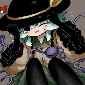 1girl black_gloves black_hat black_socks blouse buttons commentary_request crying diamond_button eyeball frilled_sleeves frills gloves green_hair green_skirt hands_on_headwear hat hat_ribbon heart heripantomorrow komeiji_koishi one_eye_closed ribbon shirt skirt socks solo tears third_eye touhou yellow_ribbon yellow_shirt