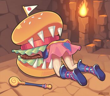 Rule 34 | 1girl, blue boots, boots, bread bun, burger, dark magician girl, duel monster, food, food-themed creature, frieren stuck in a mimic (meme), highres, hungry burger, japanese flag, legs, lettuce, loulou vz, lower body, mage staff, meme, mini flag, monster, pink skirt, sharp teeth, skirt, staff, stone floor, stuck, teeth, wand, yu-gi-oh!