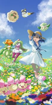 1girl :d blue_hair blue_ribbon cherrim cherrim_(sunshine) cloud commentary_request cottonee day dress emolga field flower flower_field gen_4_pokemon gen_5_pokemon gen_7_pokemon grass hat hat_ribbon highres legendary_pokemon lilligant looking_back mythical_pokemon nintendo open_mouth outdoors pokemon pokemon_(creature) punico_(punico_poke) ribbon shaymin shaymin_(land) short_sleeves sky smile standing sun_hat tongue tsareena whimsicott white_dress yellow_eyes