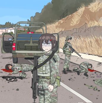 4girls @_@ assault_rifle battle_rifle blood boots bottle brown_hair bulletproof_vest camouflage camouflage_shirt clenched_teeth death debris forest fx-05_xiuhcoatl gun h&amp;k_g3 hair_ornament hairclip helmet highres mexican_army mexican_flag mexico military_truck military_vehicle motor_vehicle multiple_girls mx_waifus nature original pickup_truck ponytail rifle shirt short_hair sidelocks soldier teeth trash traumatized truck utility_pole warehouse weapon