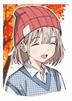 Rule 34 | 1girl, :d, ^ ^, autumn, autumn leaves, beanie, blue shirt, blurry, blush, closed eyes, collared shirt, depth of field, earrings, grey hair, hat, highres, idolmaster, idolmaster shiny colors, jewelry, leaf, open mouth, qaqyes re, serizawa asahi, shirt, smile, solo, upper body, white shirt