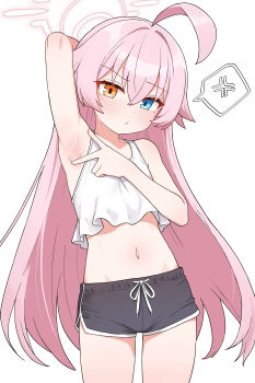 1girl absurdres ahoge armpit_focus armpits black_shorts blue_archive blue_eyes blush halo hetero heterochromia highres hoshino_(blue_archive) huge_ahoge loli long_hair looking_at_viewer navel pink_hair pink_halo pout saho_4545 shorts solo spread_armpit stomach thighs very_long_hair yellow_eyes