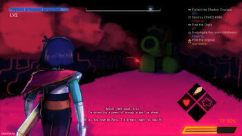 1other armor black_sky blue_hair cape commentary deltarune english_commentary english_text fake_screenshot from_behind grass heads-up_display highres kris_(dark_world)_(deltarune) kris_(deltarune) leedlemann military_vehicle motor_vehicle pink_cape red_grass short_hair sky subtitled sword tank tree user_interface utdr_(toby_fox) weapon