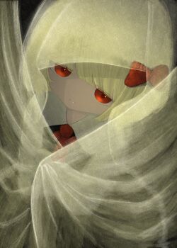 1girl blonde_hair bow hair_bow highres looking_at_viewer monoxer red_bow red_eyes rumia see-through_clothes see-through_veil solo touhou upper_body veil