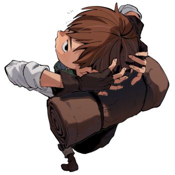 1boy bag black_eyes black_gloves boots brown_boots brown_hair chilchuck_tims commentary_request dungeon_meshi fingerless_gloves gloves highres long_sleeves looking_at_viewer looking_back male_focus neck_warmer perspective shirt simple_background solo standing wahootarou walking white_background white_shirt