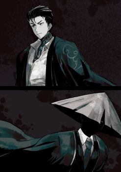 2boys aura bamboo-hatted_kim coat collared_shirt conical_hat expressionless faceless glowing glowing_eye haori highres japanese_clothes jun_(project_moon) limbus_company limited_palette looking_at_viewer looking_to_the_side multiple_boys multiple_tattoos neck_tattoo necktie ochao_(icetealive) overcoat project_moon red_eyes shirt tattoo upper_body vest white_shirt