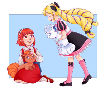 2girls 2others alolan_form alolan_vulpix aristocratic_clothes blonde_hair courtneygodbey drill_hair elise_(fire_emblem) fire_emblem fire_emblem_fates gen_1_pokemon gen_7_pokemon multiple_girls multiple_others nintendo pokemon pokemon_(creature) purple_eyes purple_hair sakura_(fire_emblem) twin_drills vulpix