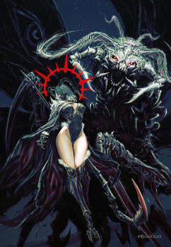 1girl absurdres alternate_form antennae arthropod_girl baloolax bare_hips black_leotard black_sclera breasts cape carapace chitin claws cleavage colored_sclera commentary english_commentary green_eyes green_hair highleg highleg_leotard highres holding holding_scythe indie_virtual_youtuber insect_girl insect_wings juniper_actias large_breasts leotard long_hair looking_at_viewer mandibles mask monster monster_girl moth_antennae moth_girl moth_wings mouth_mask open_mouth red_eyes scythe sharp_teeth teeth thighs virtual_youtuber white_hair wide_hips wings