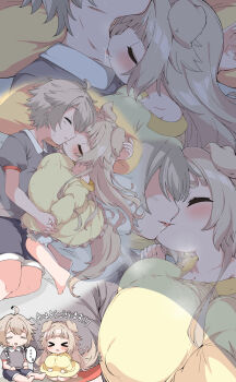 >_< 1boy 1girl absurdres animal_ears breasts chibi highres holding_hands huge_breasts kiss kodomo_doushi loli mizohana_(orb-01) oppai_loli tail translation_request