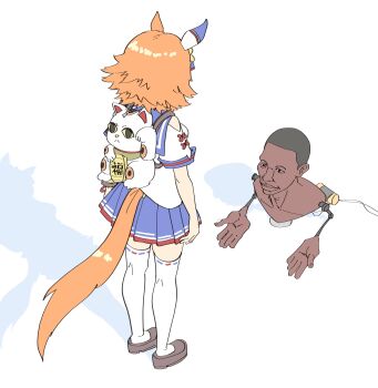 1girl absurdres animal_ears archives.gokulism blue_sailor_collar blue_skirt brown_shoes ear_covers highres horse_ears horse_girl horse_tail khaby_lame_mechanism loafers looking_at_object maneki-neko matikanefukukitaru_(rising_fortune)_(umamusume) matikanefukukitaru_(umamusume) meme orange_hair pleated_skirt sailor_collar shirt shoes short_hair short_sleeves simple_background skirt solo standing tail thighhighs umamusume white_background white_shirt white_thighhighs