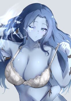 1girl :3 absurdres alternate_breast_size_(larger) alternate_costume blue_hair blue_skin blush bra breasts cleavage closed_mouth colored_skin commentary_request cracked_skin doll_joints elden_ring extra_arms extra_faces facial_tattoo glowing glowing_tattoo grey_background heiyan_heiyan highres joints large_breasts long_hair looking_at_viewer navel one_eye_closed ranni_the_witch simple_background solo stomach tattoo underwear white_bra