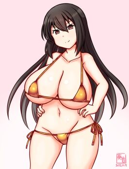 1girl bikini black_hair breasts brown_eyes contrapposto cowboy_shot gold_bikini gradient_background hands_on_own_hips huge_breasts kanon_(kurogane_knights) kantai_collection long_hair lowleg lowleg_bikini nagato_(kancolle) one-hour_drawing_challenge pink_background side-tie_bikini_bottom solo swimsuit