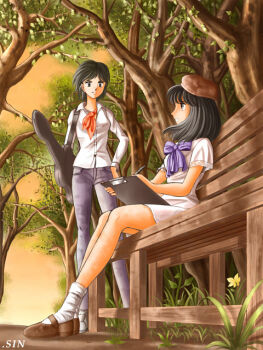 Rule 34 | 2girls, artist name, bad id, bench, beret, black eyes, black hair, blue pants, bow, bowtie, brown hat, brown shoes, collared shirt, denim, drawing (action), from below, guitar case, hand on own hip, hat, holding, holding instrument case, holding notepad, holding pen, instrument case, jeans, long sleeves, looking at another, medium hair, miniskirt, multiple girls, neckerchief, notepad, open mouth, orange neckerchief, original, outdoors, pants, park, park bench, pen, purple bow, purple bowtie, shirt, shoes, short hair, short sleeves, sin (man-sai-den), sitting, sketching, skirt, smile, socks, standing, tree, white shirt, white skirt, white socks, wooden bench