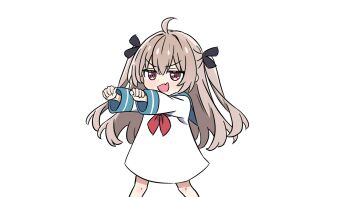 Rule 34 | 1girl, :d, ahoge, ami b1196260828, atri, atri-my dear moments-, black ribbon, blue sailor collar, blush, brown hair, chibi, chibi only, chinese commentary, clenched hands, commentary request, dress, fang, feet out of frame, hair between eyes, hair intakes, hair ribbon, highres, jitome, long hair, long sleeves, looking ahead, neckerchief, open mouth, outstretched arms, red eyes, red neckerchief, ribbon, sailor collar, sailor dress, sidelocks, simple background, skin fang, smile, smug, solo, standing, very long hair, white background, white dress, wide sleeves