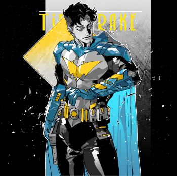 aged_up bat_signal batman batman_(series) batman_symbol belt black_hair blue_eyes bodysuit cape cowl dc_comics gloves grey_bodysuit guoba7777 highres male_focus mask multicolored_bodysuit muscular muscular_male short_hair superhero_costume taut_bodysuit tim_drake two-tone_bodysuit utility_belt