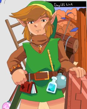 1boy belt bomb book bracelet brown_hair cowboy_shot deeznutterbutterz explosive facing_viewer flute hand_on_own_hip hat instrument jewelry key ladder link looking_at_viewer necklace nintendo pointy_ears potion raft shield solo the_legend_of_zelda the_legend_of_zelda_(nes) tree tunic turtleneck wand