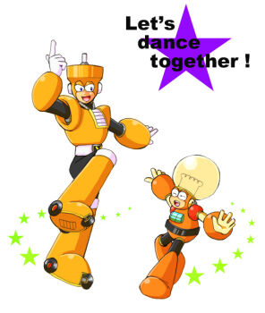2boys bad_tag bright_man capcom dancing full_body grin helmet joints light_bulb looking_at_another mega_man_(classic) mega_man_(series) mega_man_3 mega_man_4 multiple_boys no_humans open_mouth robot robot_boy robot_ears robot_joints smile top_man