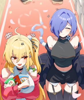 2girls absurdres ahoge alternate_costume bag_of_chips bare_shoulders black_garter_straps black_jacket black_shirt black_shorts black_thighhighs blonde_hair blue_hair blush breasts chalky_(zenless_zone_zero) cissia_(zenless_zone_zero) closed_mouth commentary_request crescent crescent_earrings earrings food garter_straps hair_between_eyes hair_ornament hair_over_one_eye hairclip highres holding holding_food jacket jacket_partially_removed jewelry katr5878 korean_commentary large_breasts long_hair looking_at_another midriff multiple_girls navel open_mouth pom_pom_(clothes) pom_pom_hair_ornament promeia_(zenless_zone_zero) red_eyes shirt shorts smile snake thighhighs very_long_hair white_shirt white_snake zenless_zone_zero