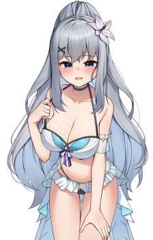 1girl absurdres adina_savic bare_shoulders bikini black_choker black_survival blue_eyes breasts choker cleavage commission cowboy_shot eternal_return:_black_survival flower frilled_bikini frills grey_hair hair_flower hair_ornament halterneck hand_on_own_thigh highres large_breasts long_hair looking_at_viewer navel open_mouth pixiv_commission ponytail simple_background solo stomach strap_pull swimsuit thighs very_long_hair white_background white_bikini ziro_(zirorong)