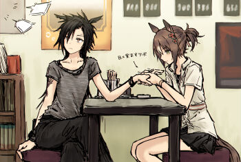 2girls air_shakur_(umamusume) animal_ears black_hair black_pants black_skirt brown_hair chair closed_mouth clover_hair_ornament collarbone collared_shirt commentary crossed_legs elbow_on_table expressionless fine_motion_(umamusume) green_eyes grey_shirt hair_ornament highres horse_ears horse_girl horse_tail indoors miniskirt multiple_girls on_chair orange_eyes pants pleated_skirt ponytail shirt short_ponytail short_sleeves sitting skirt t-shirt tail translation_request umamusume white_shirt yukitake_(bullfalk)