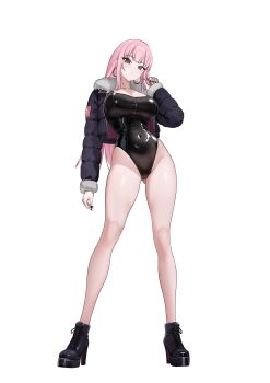 1girl absurdres alternate_costume ankle_boots bare_legs black_boots black_jacket black_leotard black_nails blunt_bangs blush boots breasts cleavage closed_mouth commentary covered_navel earrings fingernails fur-trimmed_jacket fur_trim groin highleg highleg_leotard highres hololive hololive_english hoop_earrings jacket jewelry large_breasts leotard long_hair long_sleeves looking_at_viewer mori_calliope open_clothes open_jacket padded_jacket pink_hair platform_boots raikkonen red_eyes simple_background skull_and_crossbones solo thighs twirling_hair virtual_youtuber white_background zipper zipper_leotard