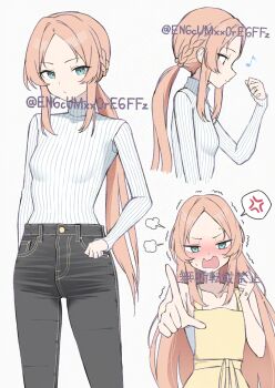 Rule 34 | 1girl, adversarial noise, anger vein, apron, aqua eyes, arm at side, bare arms, bare shoulders, black pants, bluesky username, blush, braid, breasts, camisole, closed mouth, collarbone, commentary, cowboy shot, cropped torso, curled fingers, curtained hair, d:, denim, eighth note, embarrassed, forehead, from side, full-face blush, furrowed brow, hair intakes, half up braid, hand on own hip, hand up, highres, index finger raised, jeans, jewelry, long hair, long sidelocks, long sleeves, looking at viewer, low ponytail, multiple views, musical note, open mouth, orange hair, original, pants, parted bangs, pointing, pointing at viewer, ponytail, ribbed sweater, ring, sidelocks, simple background, sleeves past wrists, small breasts, smile, speech bubble, spoken anger vein, standing, sweatdrop, sweater, sweater tucked in, trembling, turtleneck, turtleneck sweater, very long hair, wavy mouth, white background, white camisole, white sweater, yamano rokamizu, yellow apron