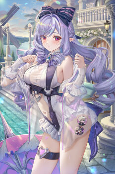 1girl absurdres bare_shoulders belle_(zenless_zone_zero) blue_sky blush bow braid breasts casual_one-piece_swimsuit character_badge clothing_cutout commentary_request hair_bow half_up_braid heart_cutout highres jacket large_breasts long_hair looking_at_viewer making-of_available mole mole_under_eye multicolored_hair nail_polish navel official_alternate_costume one-piece_swimsuit open_clothes open_jacket outdoors parasol parted_lips pointy_ears purple_bow purple_hair purple_nails purple_umbrella red_eyes revision see-through_clothes see-through_jacket sidelocks sky solo stomach stomach_cutout streaked_hair swimsuit thigh_strap thighs torino_aqua umbrella very_long_hair vivian_banshee vivian_banshee_(iris_of_the_shore) white_jacket white_one-piece_swimsuit wise_(zenless_zone_zero) zenless_zone_zero