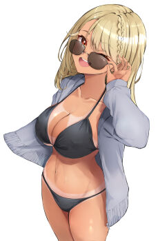 Rule 34 | 1girl, absurdres, adjusting eyewear, bikini, black bikini, blonde hair, braid, breasts, cleavage, collarbone, commentary request, cowboy shot, fang, grey hoodie, highres, hood, hoodie, kaminari qpi, kuwakuma, medium breasts, medium hair, navel, one eye closed, open mouth, red eyes, simple background, single braid, solo, standing, sunglasses, swept bangs, swimsuit, tan, tanline, tanline peek, variant set, virtual youtuber, vspo!, white background