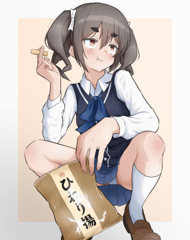 1girl :t absurdres bag black_hair blue_bow blue_bowtie blue_skirt blue_sweater_vest blush bow bowtie brown_shoes collared_shirt dress_shirt eating food food_on_face hair_bow highres hineri_age holding holding_bag holding_food kiriyama_an loafers long_sleeves looking_to_the_side mono_(afro) ndk_(24176709) panties pantyshot pleated_skirt school_uniform shirt shoes skirt snack snack_bag socks solo squatting sweater_vest thick_eyebrows twintails underwear wavy_mouth white_bow white_panties white_socks
