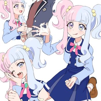 1boy 1girl :p after_ejaculation bandaid bar_censor blue_hair censored cum cum_in_mouth cum_on_body cum_on_hands handjob heterochromia highres himitsu_no_aipri kikurage_(crayon_arts) kneeling licking_cum loafers loli multicolored_hair multiple_views one_eye_closed penis pink_hair pretty_series school_uniform shoes simple_background skirt smile squeezing_testicles tamura_chaimu testicles tongue tongue_out twintails two-tone_hair white_background wink