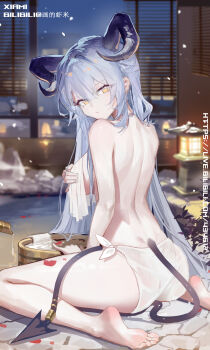 1girl absurdres arknights bang_dream! bang_dream!_it's_mygo!!!!! barefoot blue_hair breasts bucket chinese_commentary commentary_request covering_breasts covering_privates curled_horns from_behind highres horns huade_xiami large_breasts long_hair looking_back onsen sitting solo tail togawa_sakiko togawa_sakiko_(sarkaz) very_long_hair wariza wooden_bucket yellow_eyes