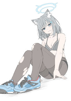 1girl absurdres air_jordan air_jordan_4 alternate_costume animal_ear_fluff animal_ears black_bra blue_archive blue_eyes blue_halo blue_shoes blush bra breasts brown_pantyhose cleavage collarbone commentary cross_hair_ornament grey_hair hair_ornament halo highres light_smile looking_at_viewer md5_mismatch medium_breasts pantyhose resolution_mismatch shiroko_(blue_archive) shoes simple_background sitting smile sneakers solo source_larger untranslatable_commentary t1kosewad torn_clothes torn_pantyhose travis_scott underwear white_background wolf_ears