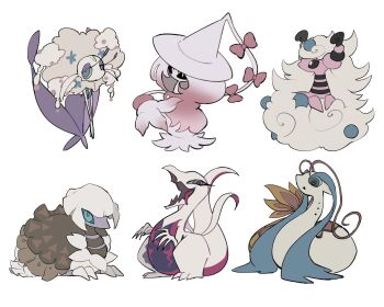alternate_color ampharos black_sclera blue_eyes bow chibi closed_mouth colored_sclera dot_mouth espathra fairy feathers florges flower full_body gen_2_pokemon gen_3_pokemon gen_6_pokemon gen_7_pokemon gen_8_pokemon grey_eyes hair_bow hat hatterene highres looking_at_viewer mega_ampharos mega_pokemon milotic nintendo no_humans open_mouth pokemon pokemon_(creature) pokemon_focus salazzle serpent shiny_pokemon smile standing torori_toro_(oimo_kenpi) white_background witch_hat