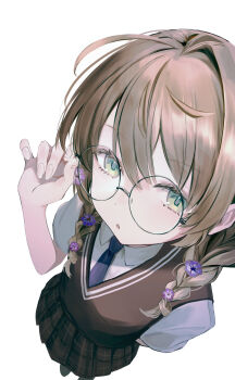 Rule 34 | 1girl, adjusting eyewear, ahoge, braid, brown hair, brown skirt, brown sweater vest, collared shirt, flower, foreshortening, from above, green eyes, hair flower, hair ornament, hashtag-only commentary, highres, looking at viewer, low twin braids, necktie, nijisanji, parted lips, plaid clothes, plaid skirt, pleated skirt, purple necktie, round eyewear, school uniform, se1ka2z, shirt, short sleeves, sidelocks, simple background, single hair intake, skirt, solo, standing, sweater vest, twin braids, virtual youtuber, white background, white shirt, yaguruma rine, yaguruma rine (3rd costume)