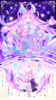 absurdres amphoreus_(honkai:_star_rail) bare_shoulders blue_eyes chinese_commentary coat commentary_request cyrene_(aedes_elysiae)_(honkai:_star_rail) cyrene_(honkai:_star_rail) cyrene_(ripples_of_past_reverie)_(honkai:_star_rail) dress earrings halo highres honkai:_star_rail honkai_(series) jewelry long_hair mem_(honkai:_star_rail) mobius_strip on_swing pink_hair planet planetary_ring purple_coat purple_eyes sandals smile swing very_long_hair viclim-monou white_dress