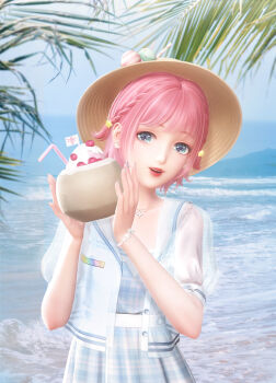 1girl 3d absurdres beach blue_dress bracelet brown_headwear chinese_commentary coconut commentary_request dress earrings food green_eyes highres holding holding_food ice_cream jewelry leaf lips lipstick looking_at_viewer makeup mountainous_horizon nail_polish necklace nikki_(nikki) nikki_(series) ocean official_art parted_lips pink_hair shining_nikki short_hair smile solo teeth waves