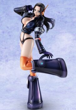 1girl black_hair blue_eyes breasts cleavage collarbone cropped_jacket curvy figure_(medium) floating_hair full_body gloves highres jacket large_breasts leg_lift long_hair navel nico_robin nico_robin_(egghead) official_art one_piece orange_thighhighs photo_(medium) purple_gloves revealing_clothes smile standing standing_on_one_leg thighhighs thong wide_hips