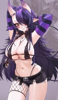 1girl arms_behind_head black_hair black_panties black_shorts bra breasts captain_hannah cleavage gradient_horns hair_over_one_eye heart heart-shaped_pupils highleg highleg_panties highres horn_ornament horn_ring horns indie_virtual_youtuber lace lace_bra large_breasts lingerie long_hair multicolored_hair multicolored_horns navel oni panties pointy_ears purple_hair purple_horns red_eyes shorts solo striped_sleeves symbol-shaped_pupils thighs underwear very_long_hair virtual_youtuber waytok