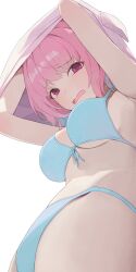 Rule 34 | 1girl, bikini, blue bikini, blue hair, breasts, clothes lift, colored inner hair, commentary, fang, highres, idolmaster, idolmaster cinderella girls, lifting own clothes, looking at viewer, medium breasts, multicolored hair, open mouth, pink eyes, shirt, shirt lift, short hair, simple background, skin fang, solo, swimsuit, two-tone hair, upshirt, white background, white shirt, yumemi riamu