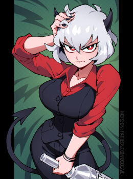 1girl alcohol annoyed black_border black_horns black_nails black_tail black_vest blush border bottle breasts demon_girl demon_horns demon_tail green_background hand_in_own_hair helltaker highres holding holding_bottle horns large_breasts looking_at_viewer malina_(helltaker) pantyhose qewie red_eyes red_shirt shirt short_hair solo tail vest vodka waistcoat white_hair